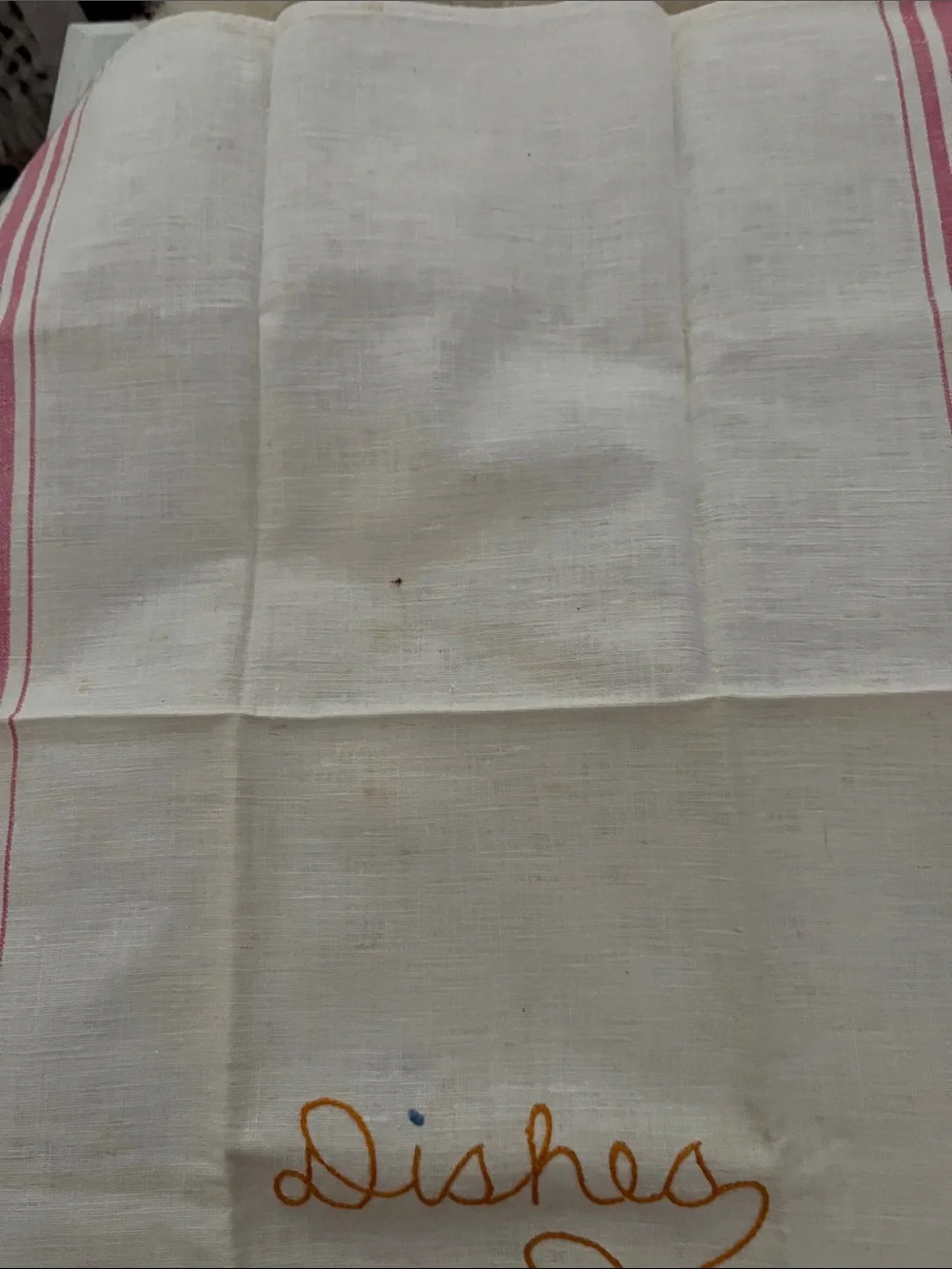 White Embroidered Kitchen Tea Towel with Blue & Orange Dish Motif